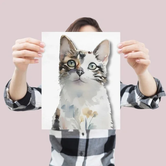 Watercolor Cat With Flowers Portrait Wall Art Illustration Print Poster Unframed - Picture 3 of 6